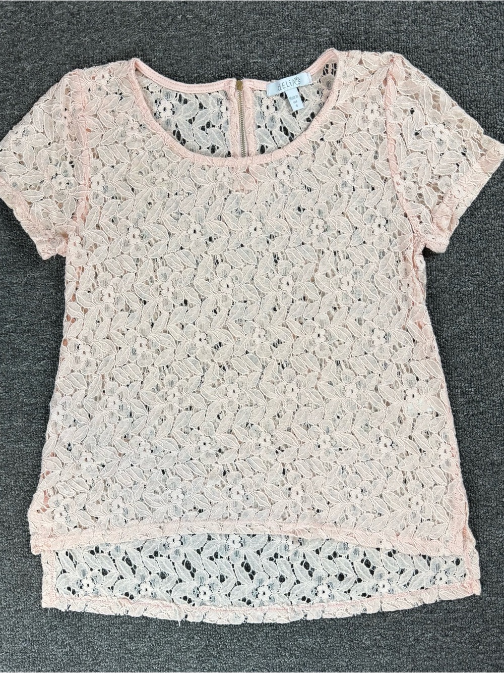 Y2K 10s dELiA*s Women’s S Sheer Pink Floral Lace Short Sleeve Zip Back Blouse